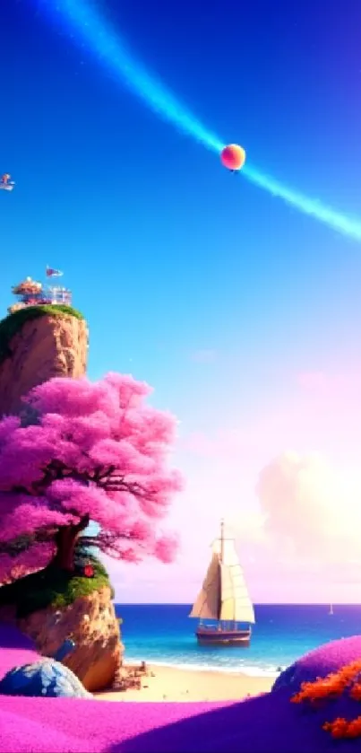 Dreamy ocean island with pink tree and sailboat under vibrant sky.