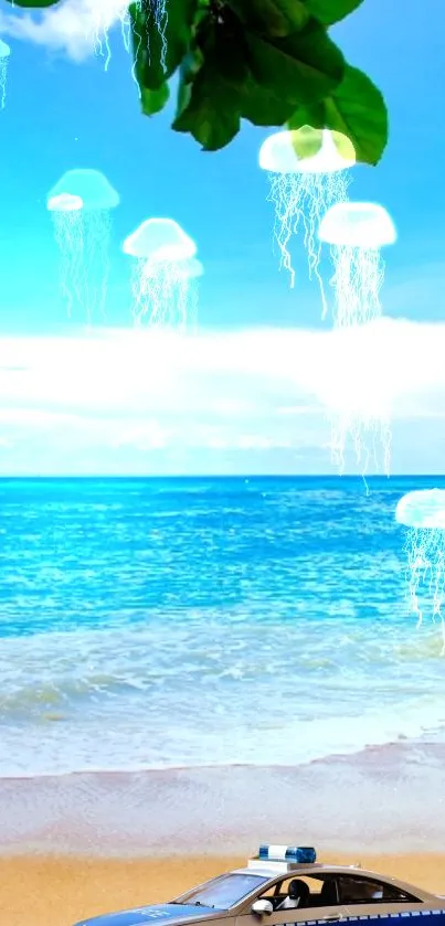 Jellyfish drifting in a vibrant ocean with a clear blue sky.