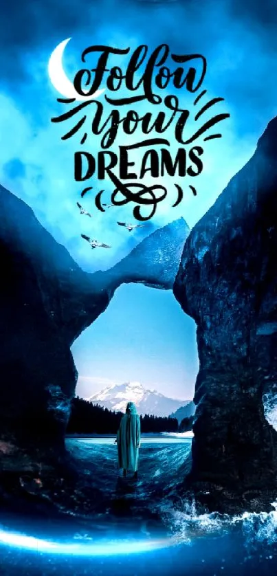 Dreamy ocean landscape with motivational text.