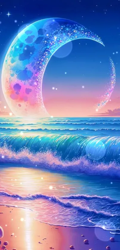 Dreamy ocean under a crescent moon with pastel hues and starlit sky.