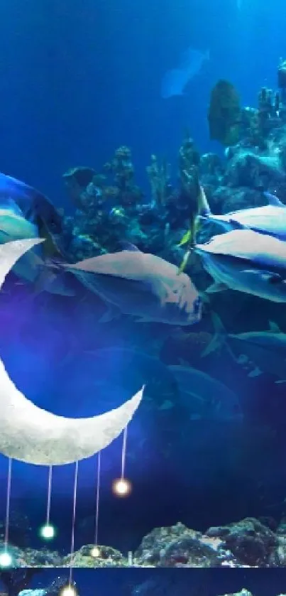 Underwater scene with fish, crescent moon, and stars.