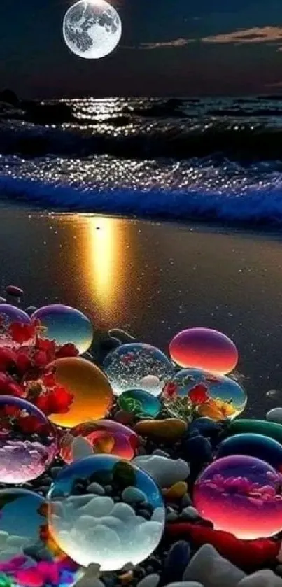 Luminous bubbles on moonlit ocean shore, capturing serene night beauty.