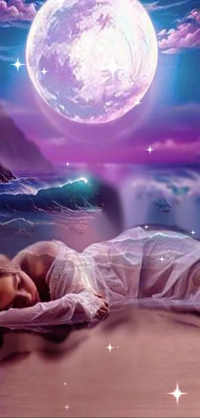 Sleeping figure under a glowing moon on a tranquil beach with purple hues.