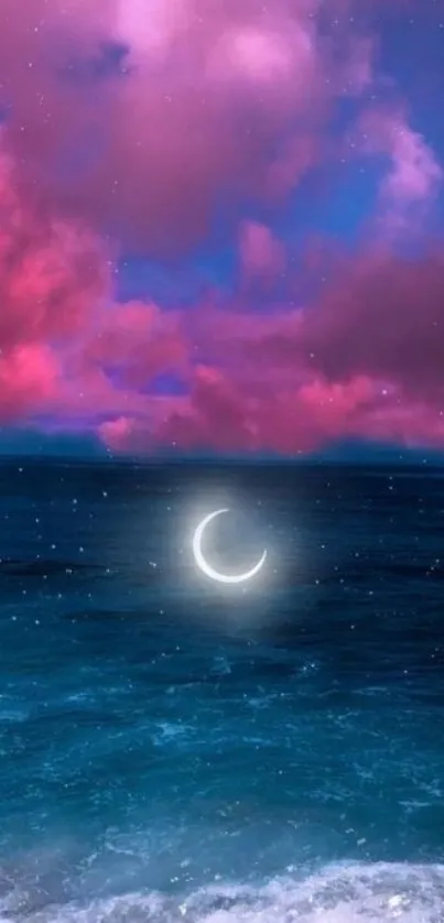 Dreamy pink clouds over a tranquil ocean with a crescent moon.