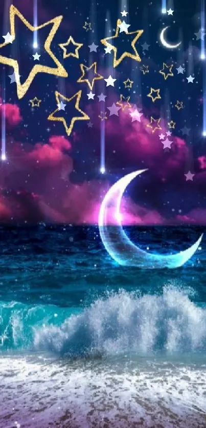 Dreamy ocean under a starry night sky with a crescent moon and stars.