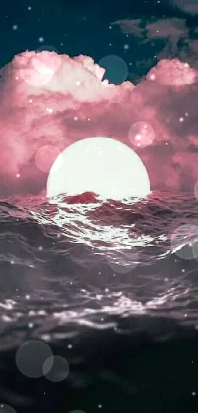 Ethereal moonlit ocean with pink clouds in a dreamy nightscape wallpaper.