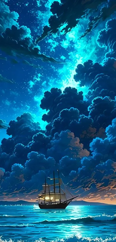 Sailing ship under starry night sky and glowing clouds on the ocean