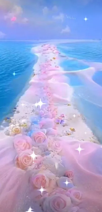 Dreamy ocean pathway with pink roses and pastel hues mobile wallpaper.