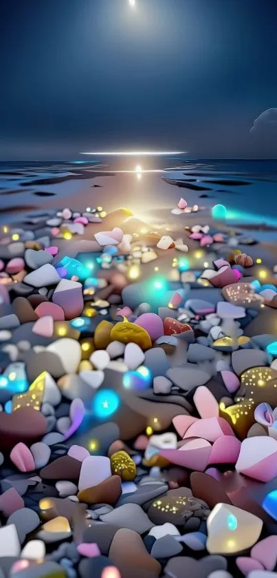 Colorful pebbles on a night beach under a starry sky.