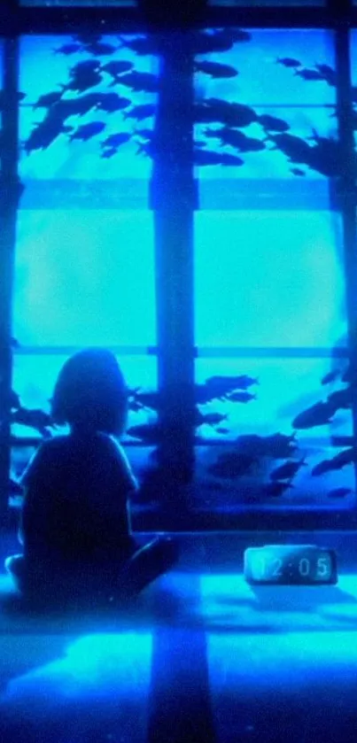 Dreamy underwater room with fish silhouettes and a glowing blue hue.