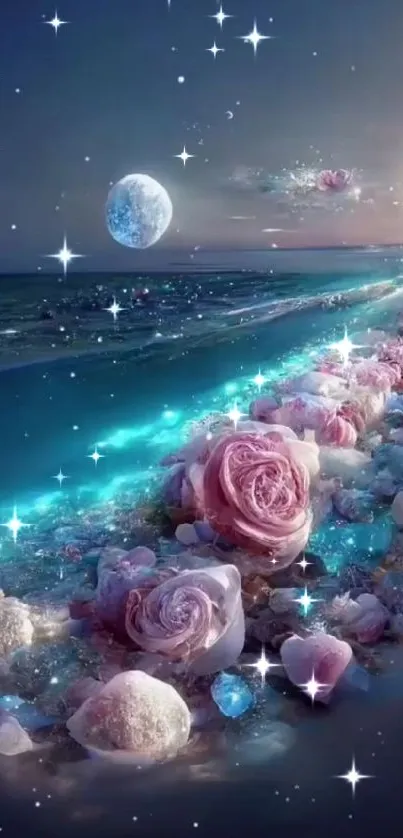 Dreamy ocean landscape with roses and moonlit night sky.