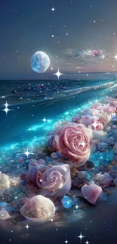 Dreamy ocean path with roses under a starry night sky.