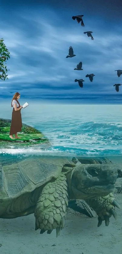 Surreal ocean scene with turtle, birds, and a reader