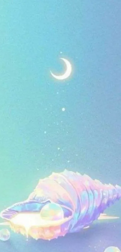 A pastel seashell with a crescent moon on a light blue background mobile wallpaper.