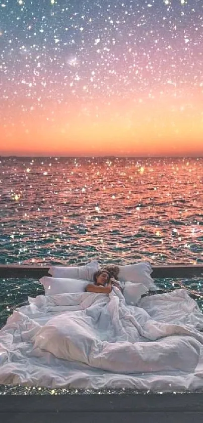 Dreamy ocean bedroom with starry sky and sunset colors.