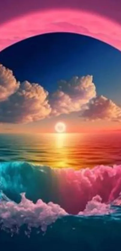 Dreamy ocean sunrise with vibrant pinks and blues for a serene mobile wallpaper.