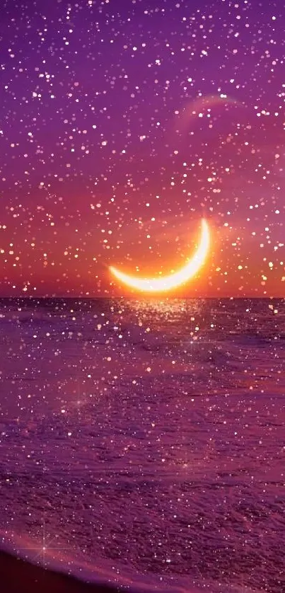 A crescent moon over a purple ocean at sunset with sparkling water.