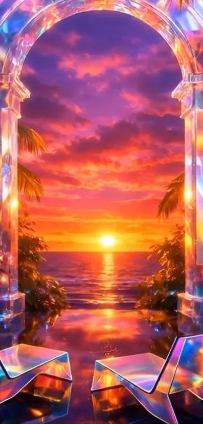 Surreal tropical ocean sunset through a crystal archway with vibrant colors.