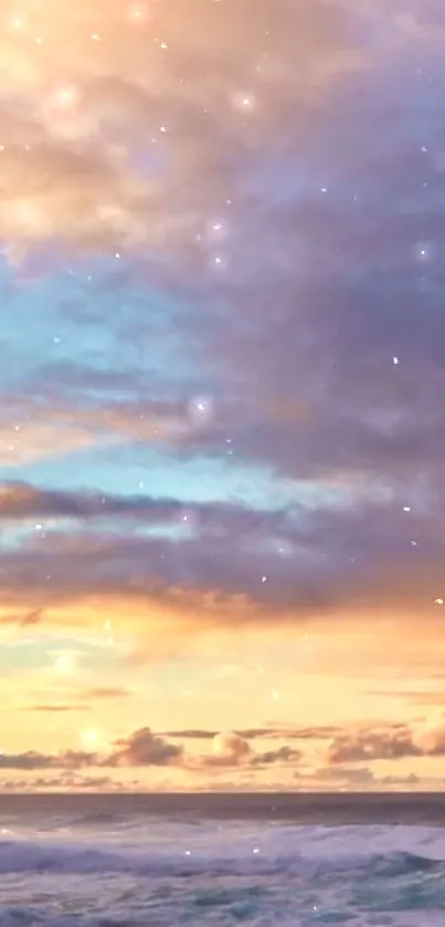 Dreamy ocean sunset with pastel clouds and stars.