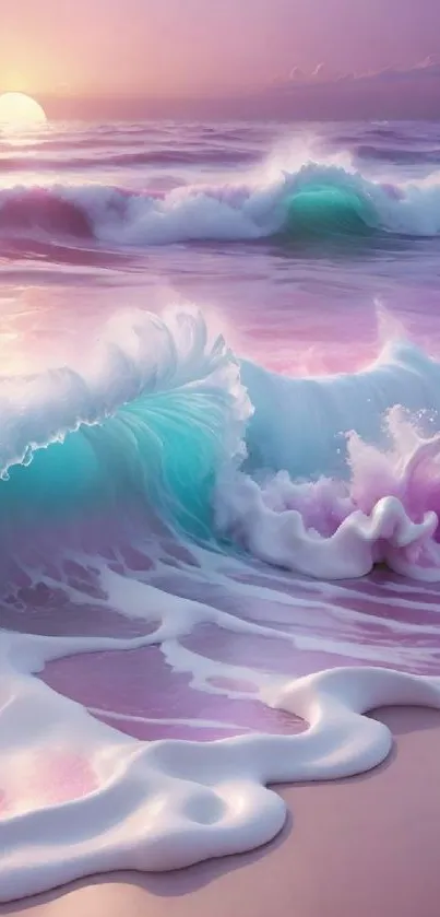 Peaceful pastel sunset over ocean waves with soft pink and purple hues.