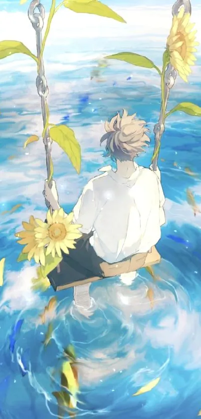 Illustration of a swing over a blue ocean with sunflowers.