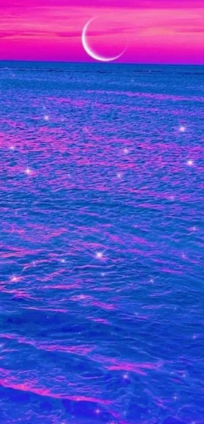 Dreamy ocean with crescent moon and stars in purple hues.