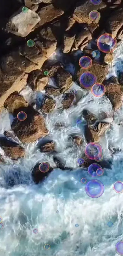 Ocean waves crash on rocks with colorful bubbles floating.