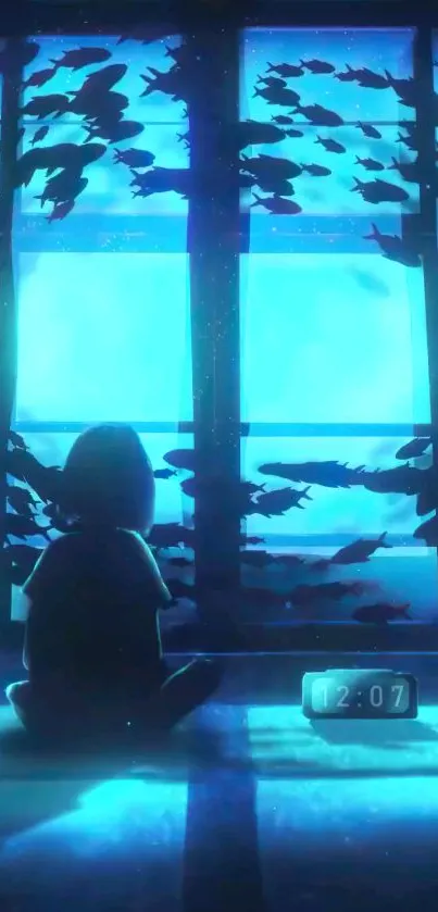 Child sitting by a window with fish silhouettes in a blue, dreamy underwater scene.