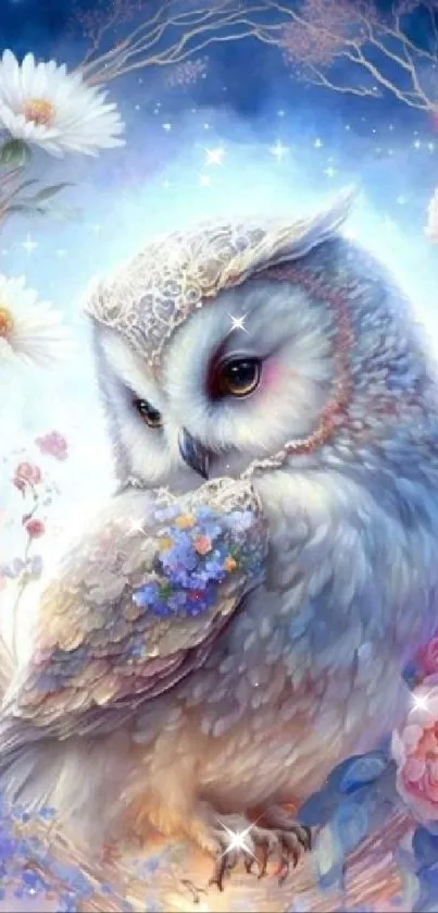 Owl surrounded by enchanted flowers, glowing with magic.