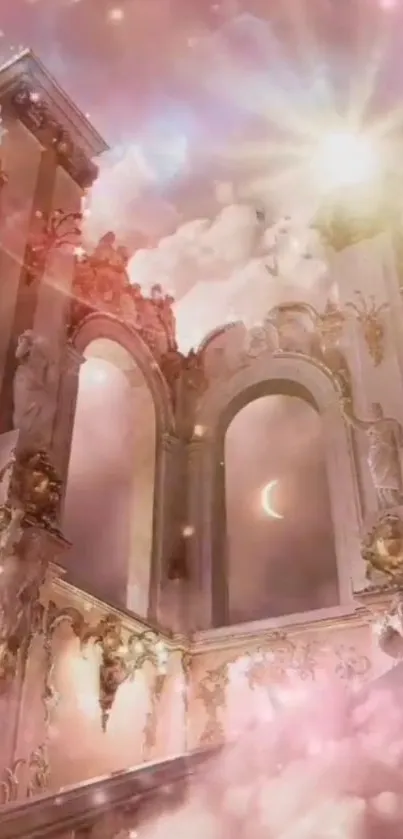 Dreamy palace with soft pink clouds and sunlight shining through arches.