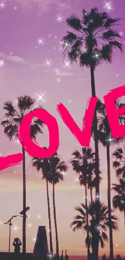 Tropical sunset with palm trees and 'LOVE' text.