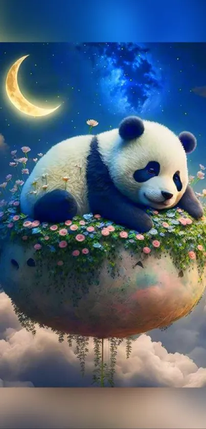 Whimsical wallpaper with a panda on a floating island beneath a crescent moon.