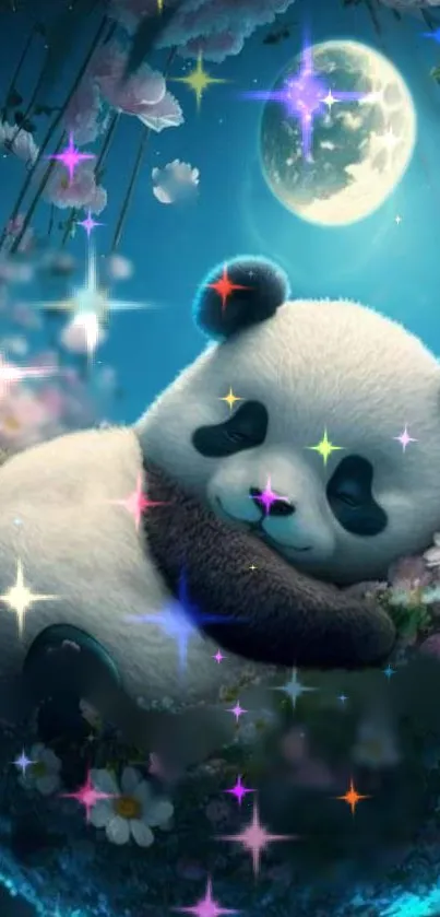 Dreamy wallpaper with a panda sleeping under a starry sky.