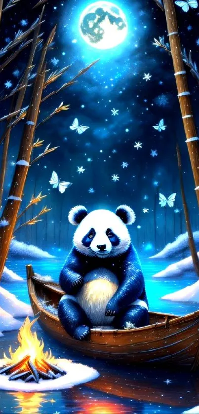 Panda in boat under a starry blue night with butterflies.