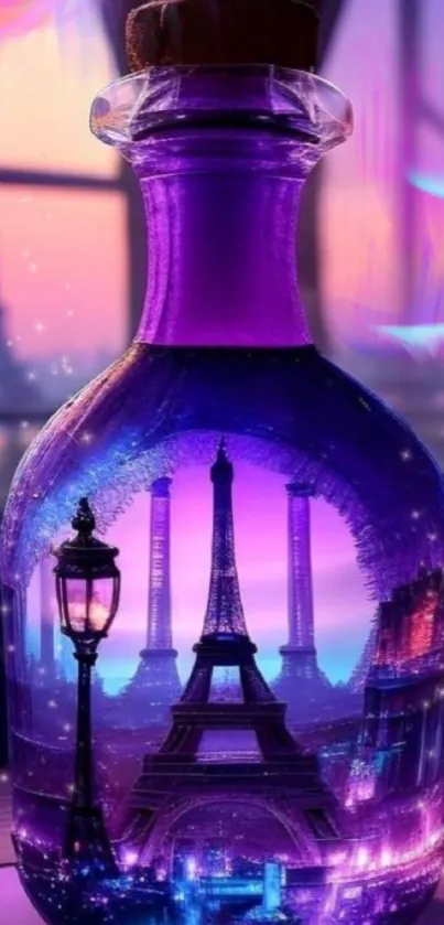 Surreal Paris view in a glowing glass bottle with purple hues.