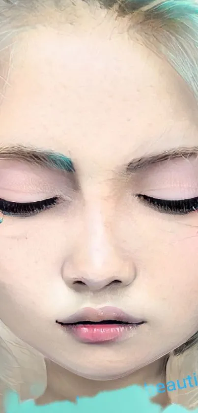 Pastel portrait of serene face in digital art style with soft pink and blue hues.
