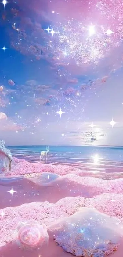 Dreamy pastel beach with pink sand and starlit sky.