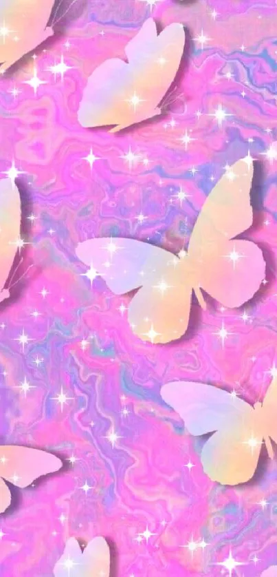 Pastel butterfly wallpaper with pink and sparkling accents.