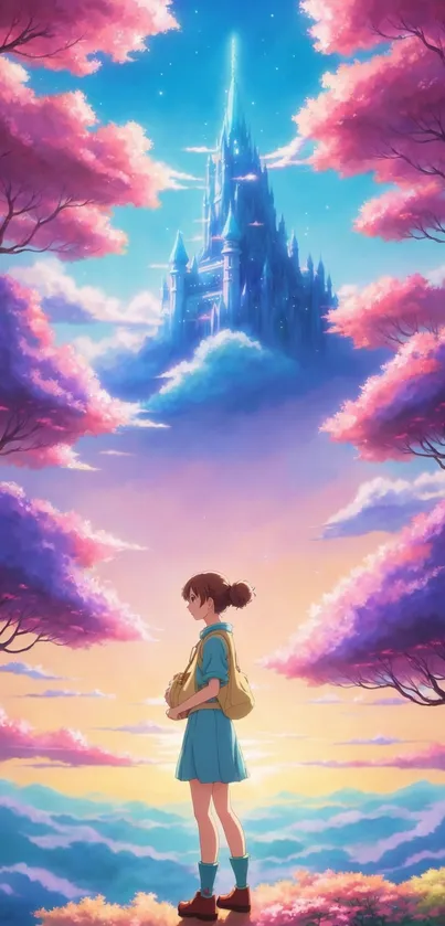 Dreamy pastel wallpaper with castle and pink clouds.