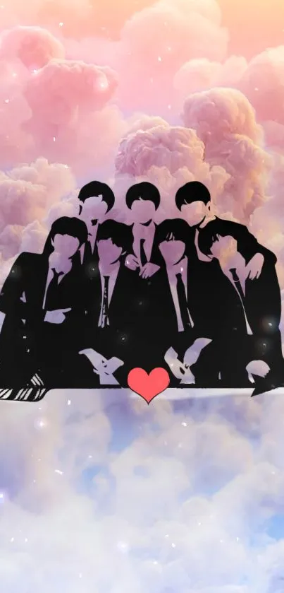 Silhouette of group against pastel clouds with a red heart.