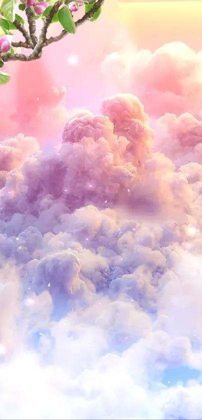 Dreamy pastel clouds with blossoms on a serene sky background.