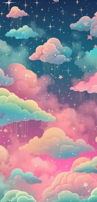 Dreamy pastel clouds and stars wallpaper in vibrant colors.