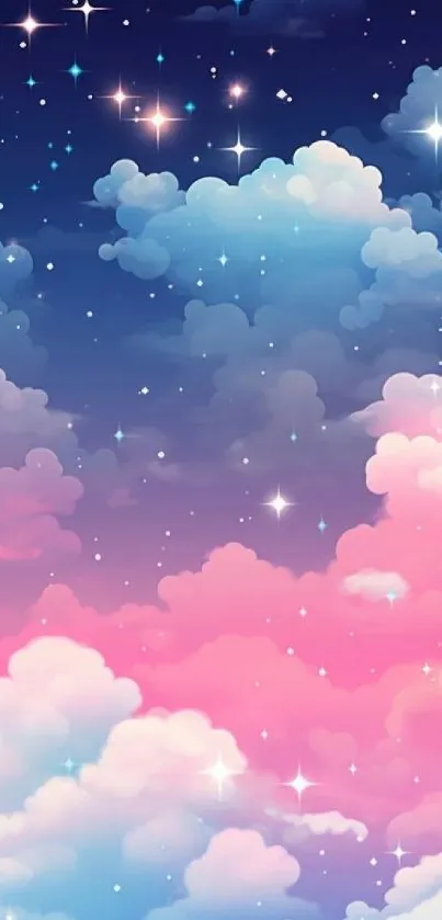 Dreamy pastel clouds with stars in a pink and blue night sky mobile wallpaper.