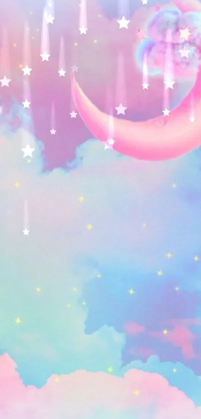 Dreamy pastel cloud wallpaper with crescent moon and stars.