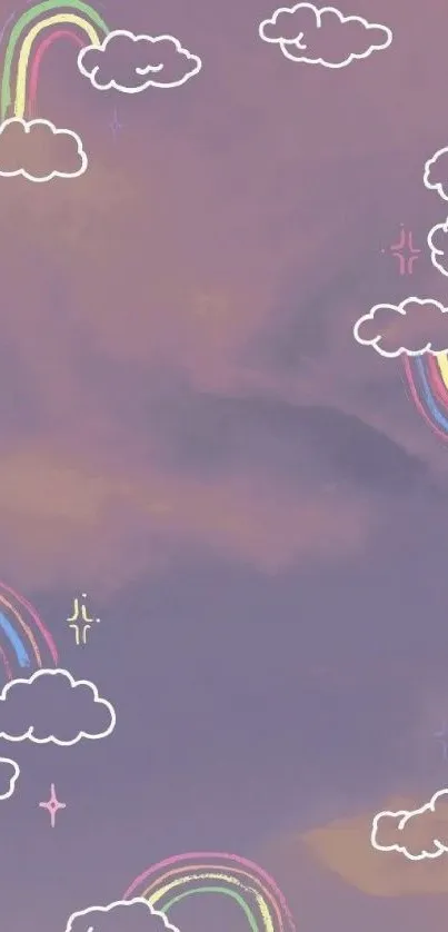 Soft purple wallpaper with clouds and rainbows.