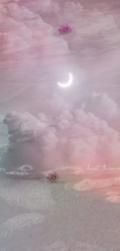 Dreamy pastel clouds with crescent and roses.