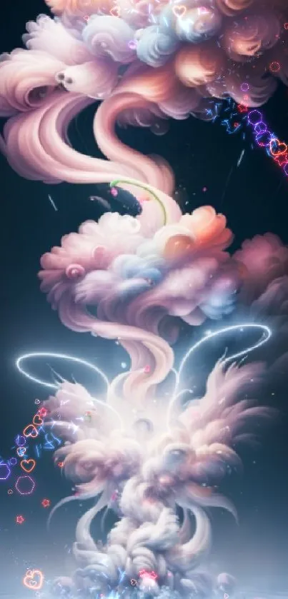 Surreal pastel cloudscape art with dreamy colors and a dark night sky backdrop.