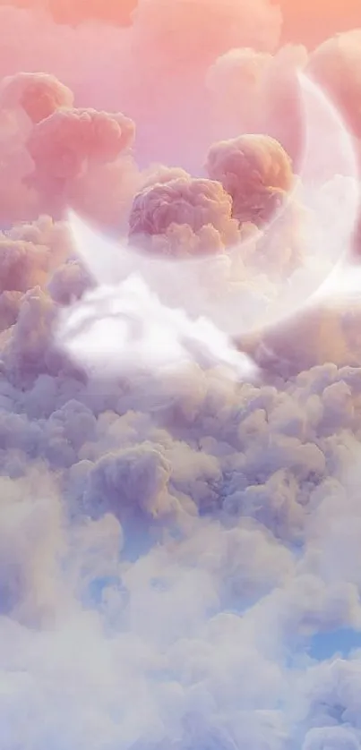 Dreamy pastel clouds with crescent moon wallpaper.