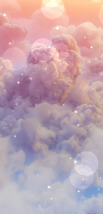 Dreamy pastel cloudscape with soft hues and light bokeh on mobile wallpaper.