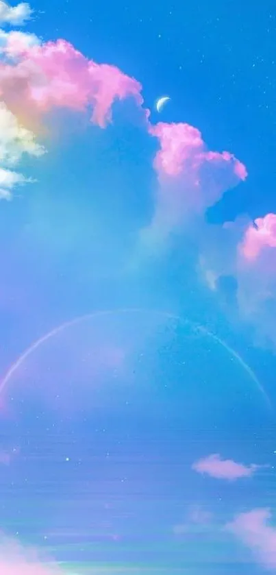 Dreamy pastel clouds with a crescent in a blue sky, creating a tranquil ambiance.